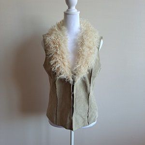 Nine West 100% Leather Tan Suede Vest with Faur Fur Collar Size S